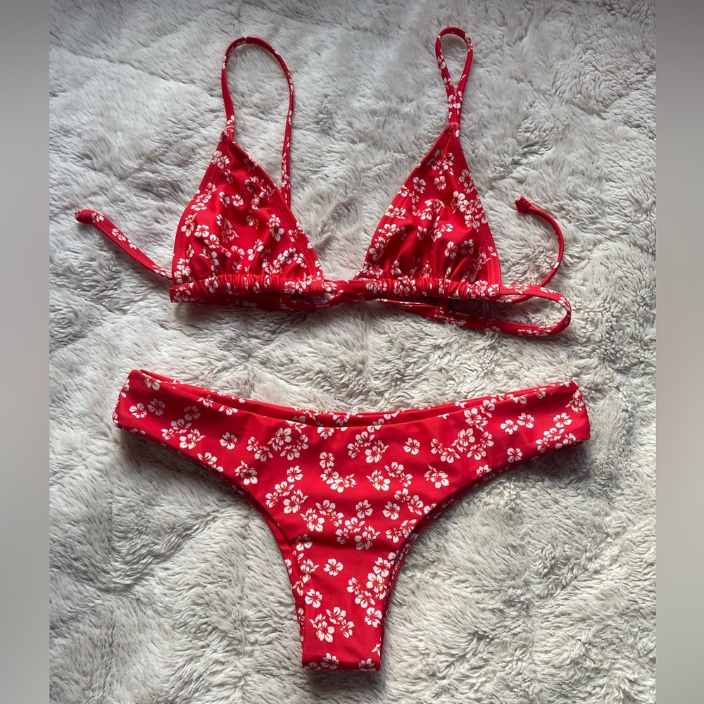 Kulani Kinis Red and White Floral Bikini Top and Bottoms